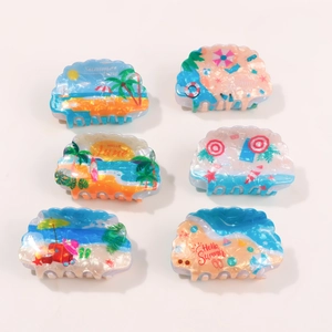 6-piece set of seashell hair claw clips with summer beach patterns and ocean designs