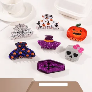 Halloween-Thema Haarkralle Für Damen Kürbis Totenkopf Spinne Sarg Zaubererhut PVC Handgefertigt Niedlicher Gruseliger Haarschmuck