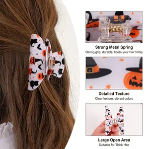 Halloween Haarklammer mit Kürbis- und Fledermausdruck auf weißem Acryl für dickes Haar