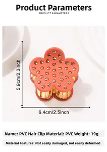 Detailed view of coral PVC flower hair claw clip with gold studs showing dimensions 5.9x6.4cm