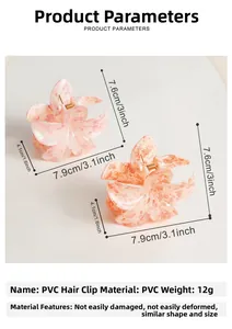 Detailed view of floral PVC hair claw clips with size specs 7.6x7.9x4.1cm and 12g weight