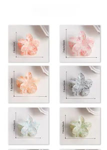 Grid view showing translucent resin floral hair claws in six colors with 3-inch dimensions