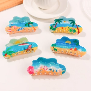 5-piece summer beach hair claw clips set with palm trees and hello summer prints