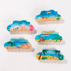 Five cloud-shaped hair claws with summer beach prints and Hello Summer text on white base