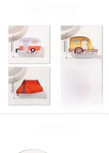 Detail view of cartoon camping hair claws featuring caravan and tent designs in 4 styles