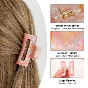 Pink marble texture rectangular hair claw clip with strong golden metal spring