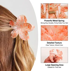 Floral hair claw clip with orange marble texture and strong metal spring for thick hair