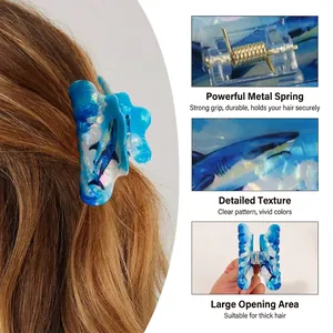 Shark hair claw clip with ocean blue cloud patterns and strong metal spring
