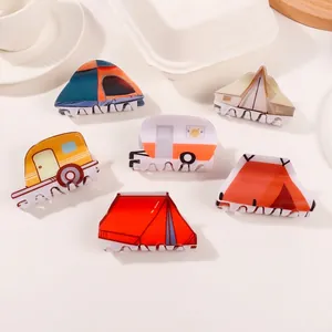 Creative Camping Theme Hair Claw Clip Cartoon Tent Camper Van Shape PVC Hair Clips For Women Outdoor Daily Hair Accessories