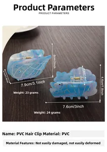 Vue détaillée des pinces à cheveux papillon en PVC bleu avec des reflets pailletés