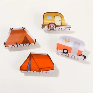 Creative outdoor camping themed hair clips set with cute tent and RV caravan designs