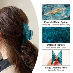 Teal marble translucent hair claw clip with strong gold spring for thick hair styling