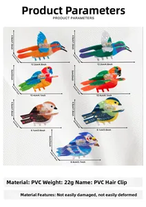 Size chart showing dimensions for colorful bird-shaped hair claws made of durable PVC material