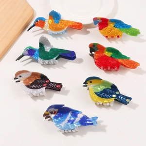 Colorful acetate bird hair claw clips set featuring vibrant hummingbirds and parrots