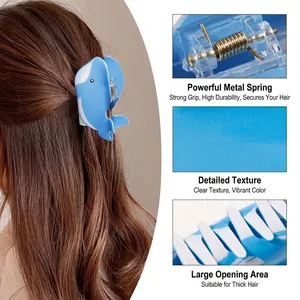 Pince à cheveux baleine bleue pour femmes avec ressort en métal et finition résine