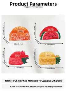 Detailed view of four fruit-themed PVC hair claws with translucent citrus and berry textures