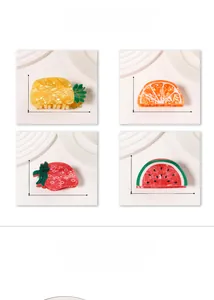 Detailed size chart for acetate fruit hair claws including pineapple and strawberry