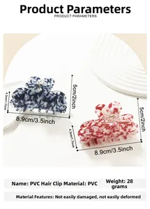 Detail view of large marble texture PVC hair claws in blue-white and red-white patterns