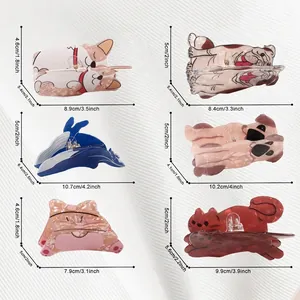 Detailed size chart for animal-themed acetate hair claws including dog and cat shapes
