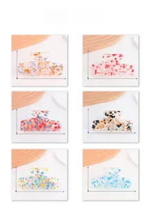 Detailed size view of six colorful patterned hair claws measuring 10.2cm by 4.8cm