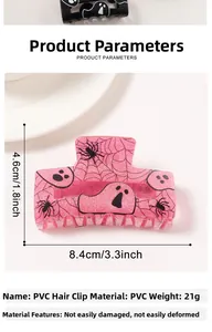Detailed view of pink glitter Halloween claw clip with ghost and spider web patterns