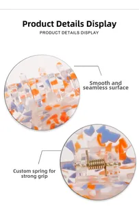 Detail of transparent acrylic hair claw with golden spring and colorful floral patterns