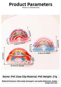 Close-up of three rainbow cloud PVC claw clips showing colorful gradients and 27g lightweight design