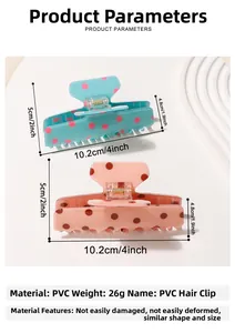 Detailed size view of two PVC polka dot hair claws in blue and pink colors