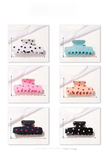 Polka dot hair claw clip set showing six assorted colors and detailed dimensions