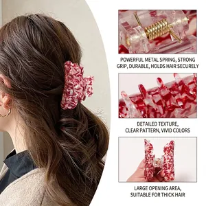 French style marble texture hair claw clip with red and white ink pattern for women