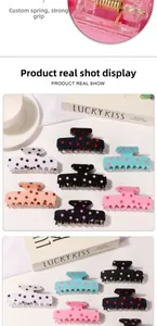 Detail of polka dot claw clips with reinforced metal spring and durable acrylic finish
