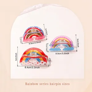 Size chart for Korean style rainbow hair claws in various sweet cloud designs