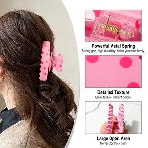 Pink polka dot hair claw clip with strong metal spring for thick hair styling