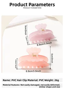 Detail view of large pastel hair claws with precise 8.9cm dimensions and scalloped edges