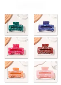 Detailed size chart of marble acetate hair claws in six vibrant mixed colors