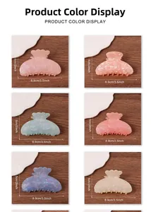 Detail view of 6 candy-colored flower petal hair claws with dimensions 8.9cm by 5cm