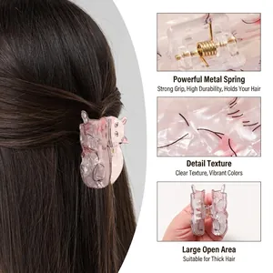 Pinza de pelo gato en acetato jaspeado rosa con resorte metálico fuerte