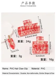 Detailed size specifications for red plaid PVC hair claw clips and side hairpins set
