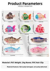 Variety of PVC fish-shaped hair claws including shark designs with detailed dimensions