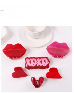 Détails de pinces à cheveux à paillettes rouges et roses en forme de cœur et de lèvres