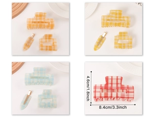Detail view of plaid resin hair claw clips set in four colors with size dimensions