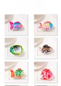 Detailed size specifications for acetate tropical fish hair claws in six vibrant patterns