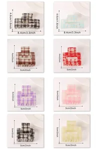 Size chart showing dimensions of plaid claw hair clips in various colors and shapes