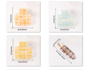 Detail showing various plaid hair clips with precise dimensions in centimeters and inches