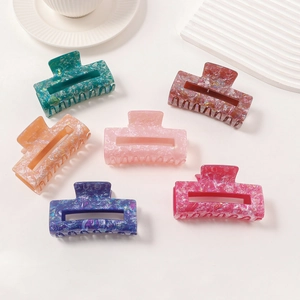 Set of six colorful rectangular marble texture acetate hair claws for women hair styling