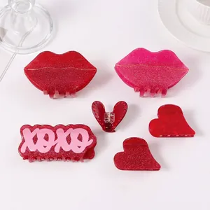 Pince à Cheveux Crabe Paillettes Rouge Rose pour Femmes Forme Lèvres Cœur Résine Acrylique Lettre XOXO Accessoires Cheveux