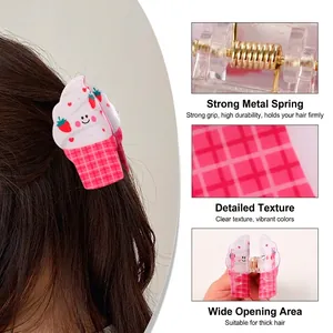 Pince à cheveux crème glacée rose à carreaux avec ressort en métal et motif de fraise
