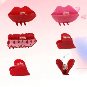 Lot de pinces à cheveux rouges en forme de cœur et de lèvres avec lettres XOXO et paillettes