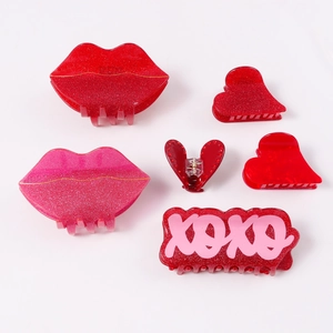 Lot de 6 pinces à cheveux rouges motif cœur et lèvres en résine pailletée pour femme