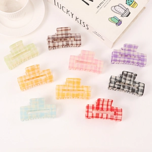 Set of 9 colorful checkered acrylic hair claw clips in trendy plaid patterns
